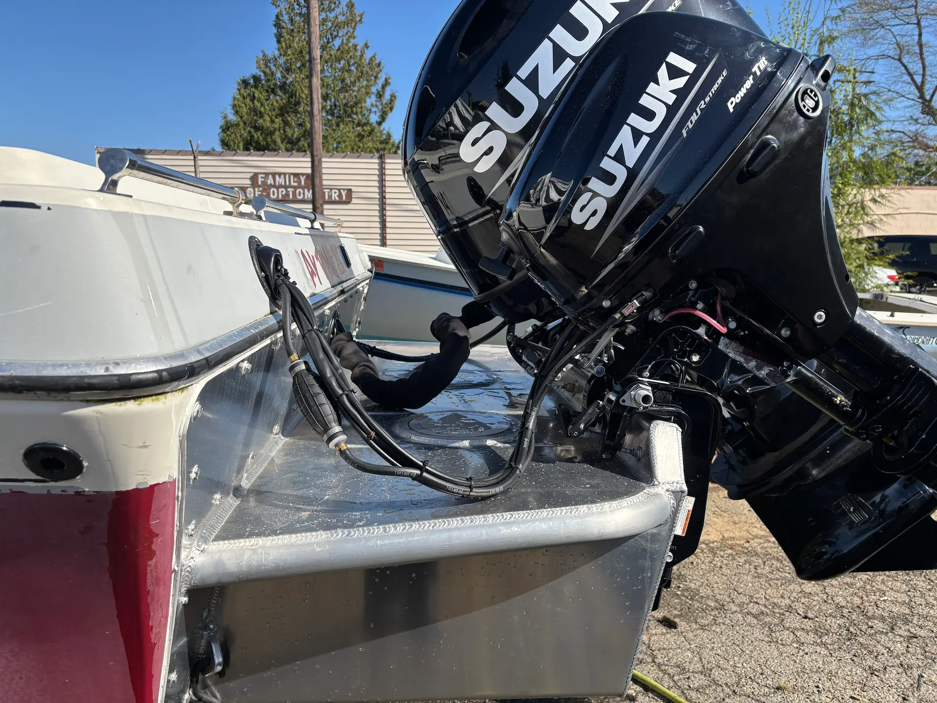 Twin Suzuki outboards and boat transom